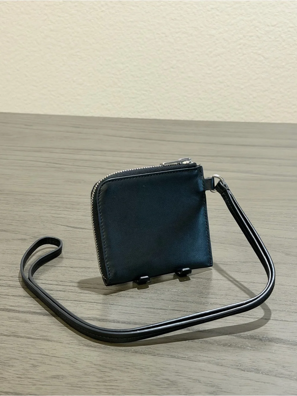 MAISON KITSUNÉ Black Leather Zip Wristlet Wallet with Strap